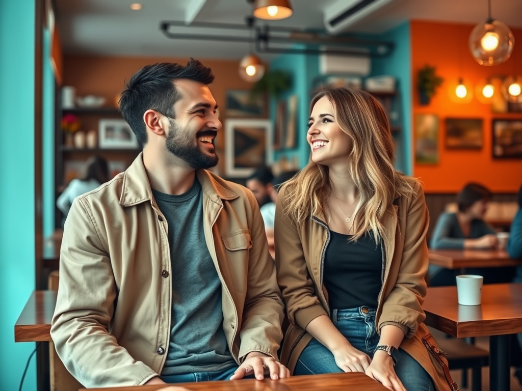 Een jonge man en vrouw lachen naar elkaar in een café, met een gezellige sfeer en kleurrijke muren.