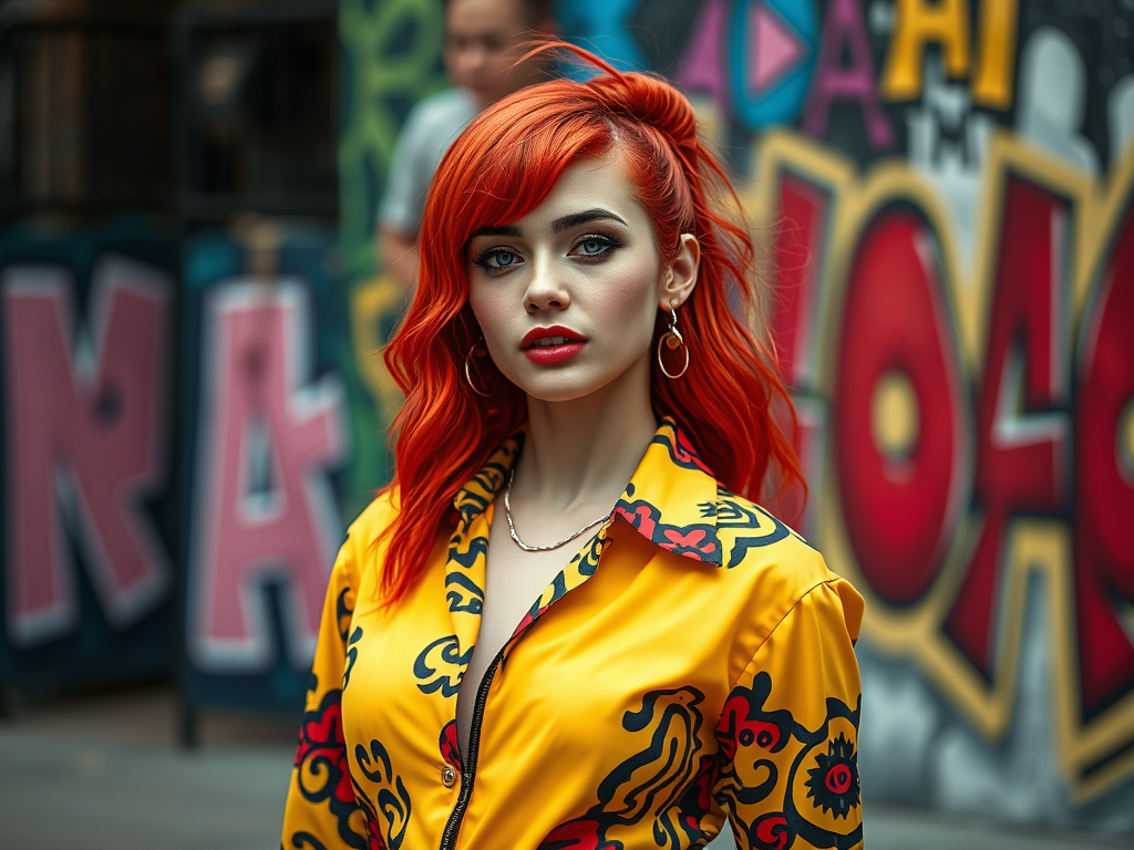 Een vrouw met feloranje haar in een kleurrijk shirt poseert voor een graffiti-achtergrond.