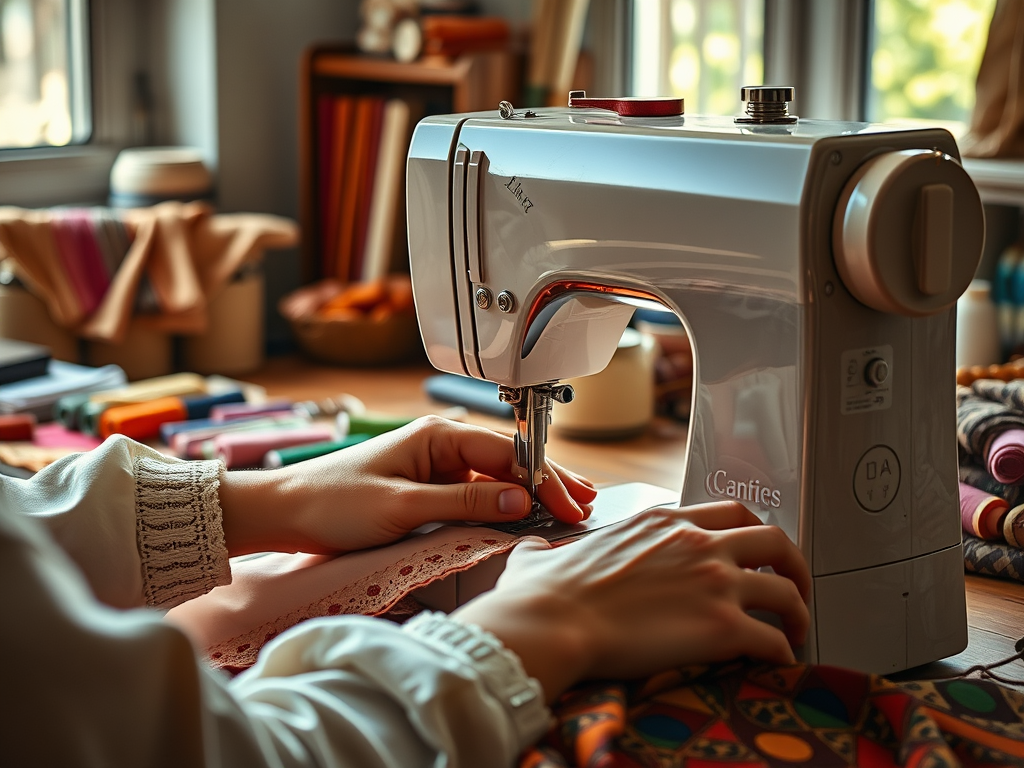 Een close-up van een hand die een naaimachine bedient, omringd door kleurrijke stoffen en materialen.