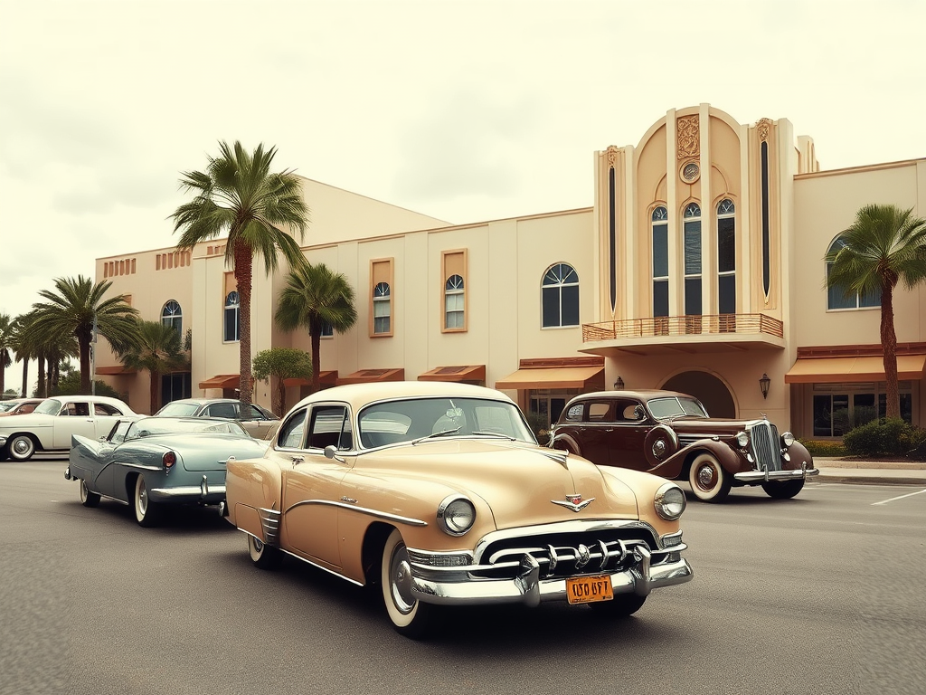 Een rij klassieke auto's voor een art-deco gebouw omringd door palmboom. Een nostalgische sfeer.