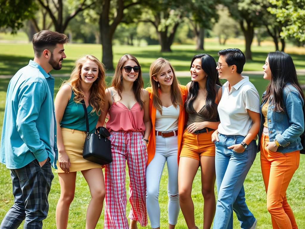 Een groep van zeven vrienden lachend en pratend in een park, gekleed in kleurrijke zomerkleding.