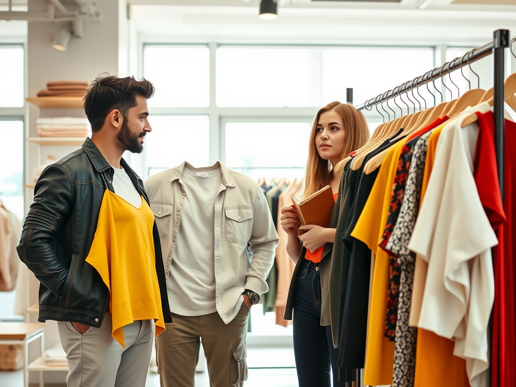 Twee mensen bespreken kleding in een winkel, terwijl ze naar een kledingrek met diverse outfits kijken.