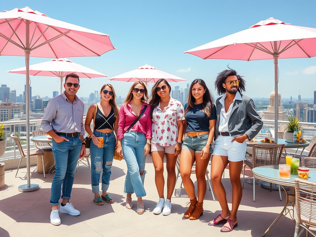 Groep vrienden poseert op een dakterras met roze parasols en een stadsuitzicht op een zonnige dag.