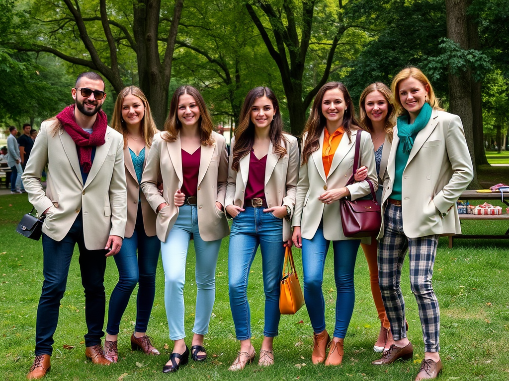 Een groep van zeven mensen in blazers, staand op een grasveld met bomen op de achtergrond. Ze glimlachen en poseren.