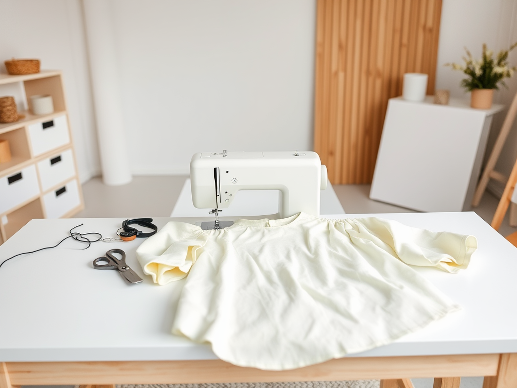 Een naaimachine naast een gele blouse en naaibenodigdheden op een witte tafel in een lichte kamer.