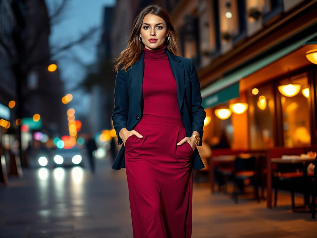 Een vrouw in een elegante outfit wandelt op straat, omringd door sfeervolle lichten en restaurants op de achtergrond.