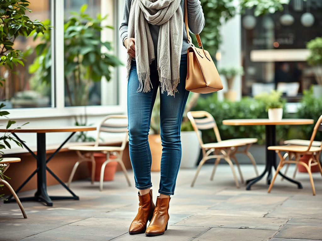 Een vrouw in een grijze sjaal en jeans, met een tas, staat in een groene omgeving met stoelen en tafels.