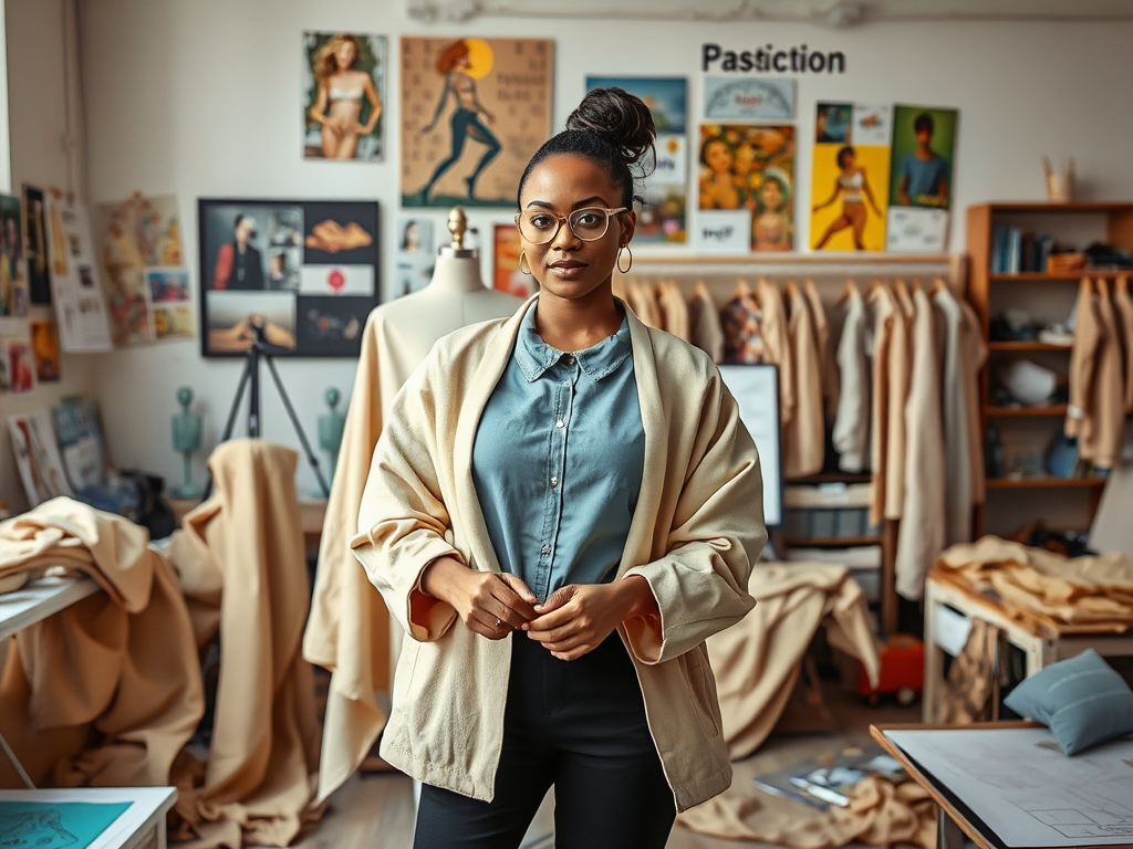 Een vrouw staat in een naaiatelier, omringd door stoffen en modetekeningen, met een ontspannen uitstraling.